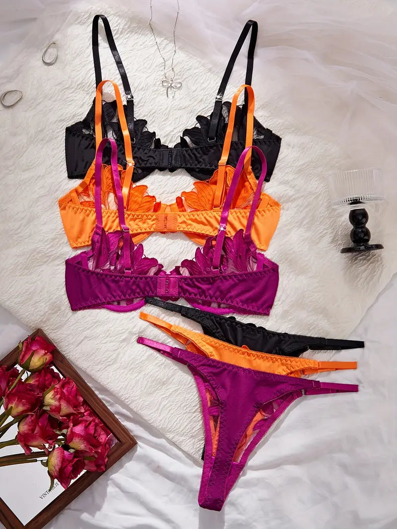 3 Sets Floral Fashionable  Colorful Bra and Panties