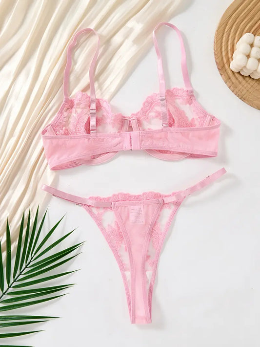 Pink Sheer Mesh Soft Embroidered Bra & Thong Set