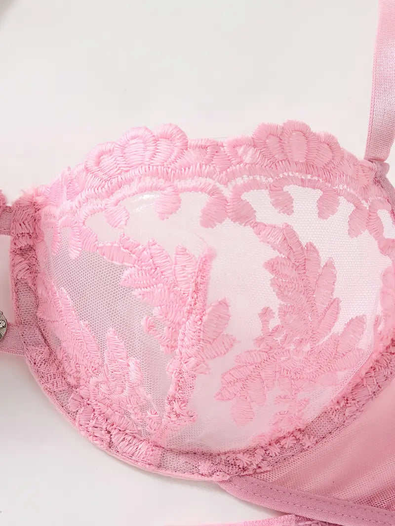 Pink Sheer Mesh Soft Embroidered Bra & Thong Set