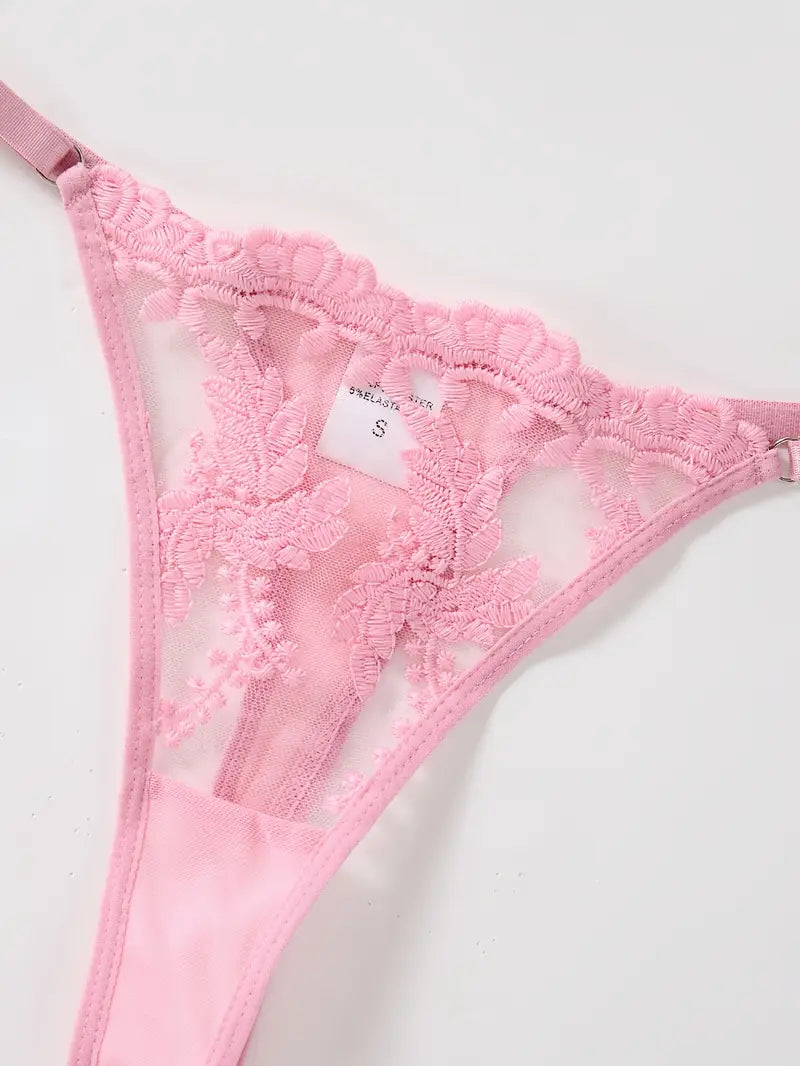Pink Sheer Mesh Soft Embroidered Bra & Thong Set