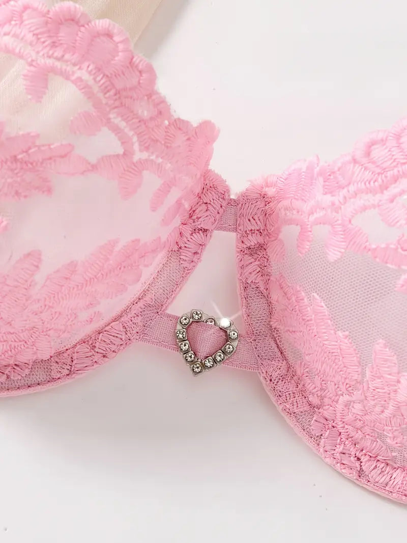 Pink Sheer Mesh Soft Embroidered Bra & Thong Set