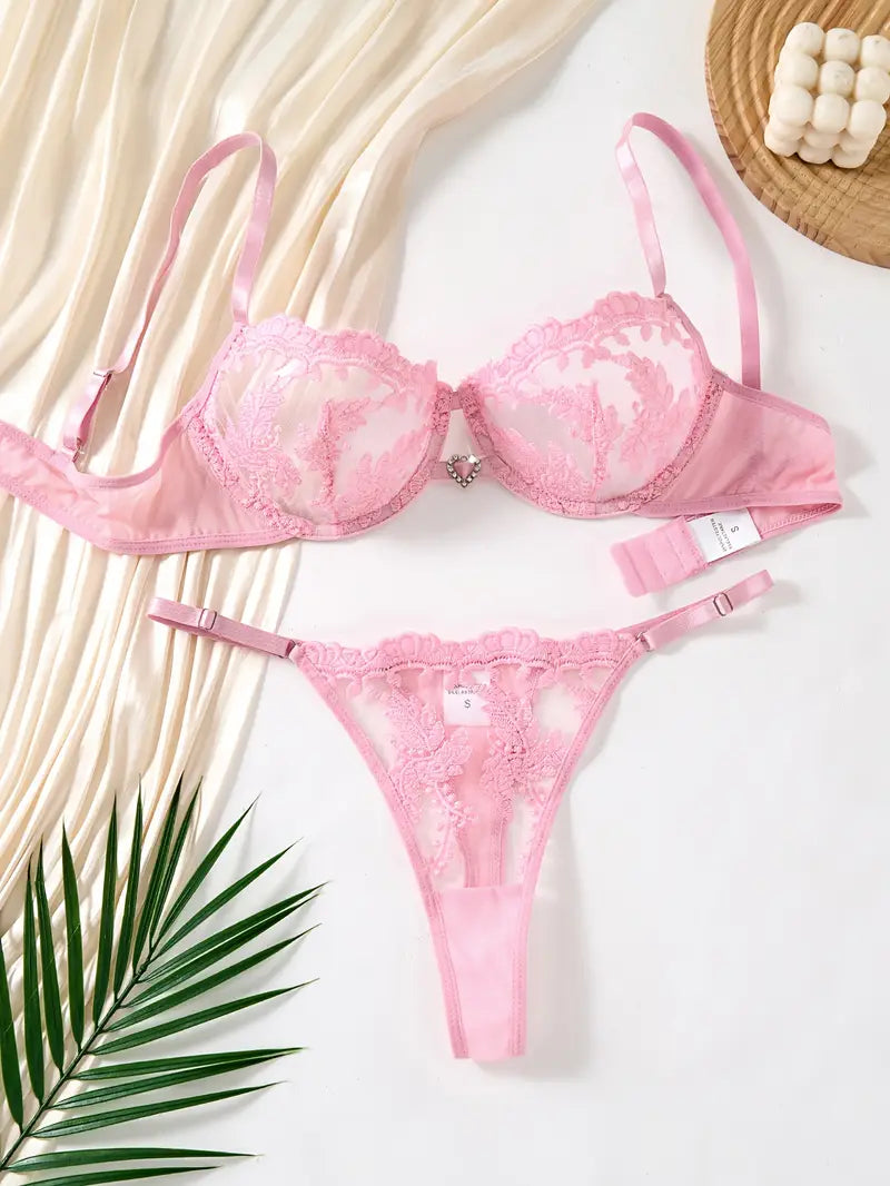 Pink Sheer Mesh Soft Embroidered Bra & Thong Set
