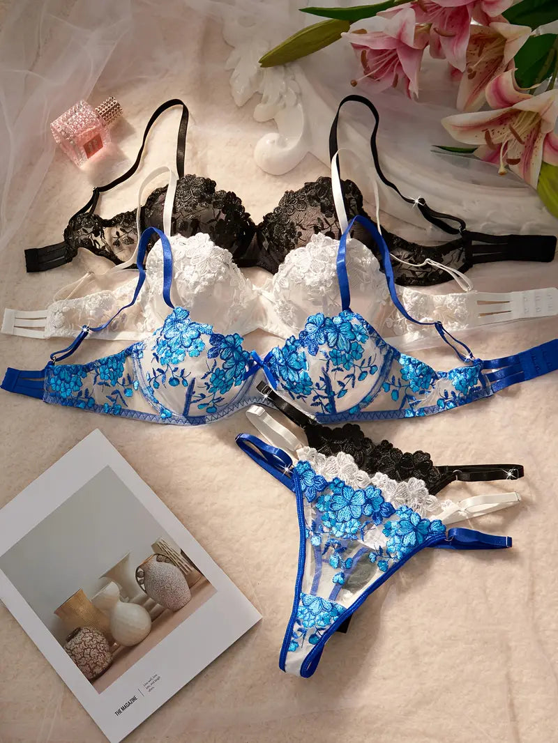 3 Sets Through Mesh Embroidery Black/Blue/White