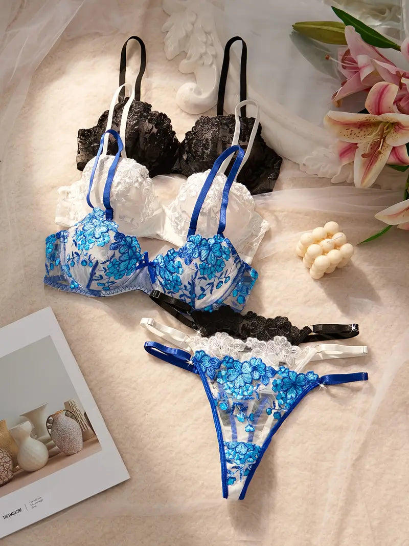 3 Sets Through Mesh Embroidery Black/Blue/White