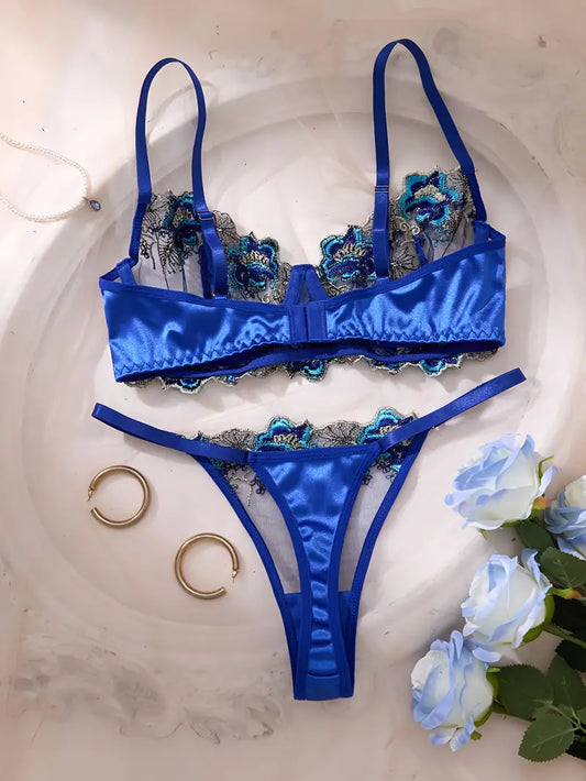 Blue Floral Lace & Mesh Sheer Sexy Lingerie Set