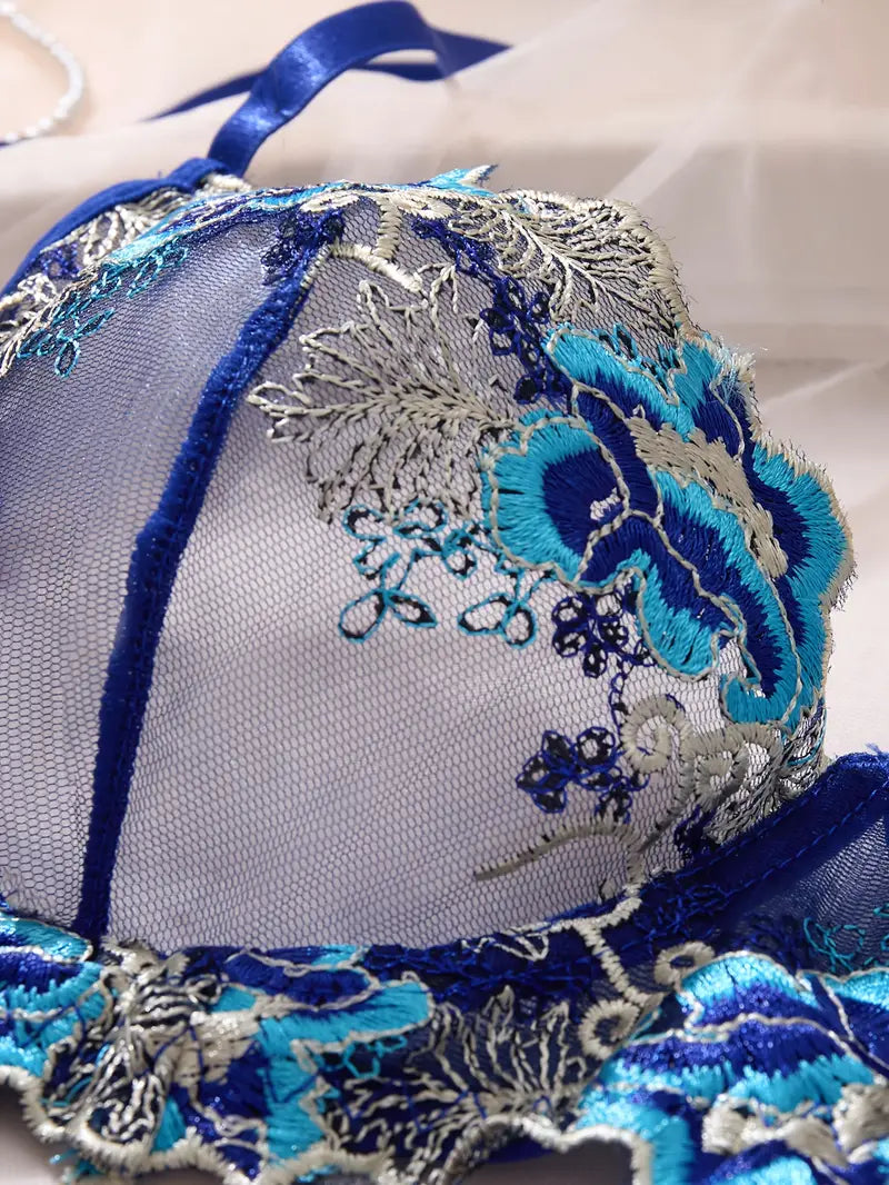 Blue Floral Lace & Mesh Sheer Sexy Lingerie Set