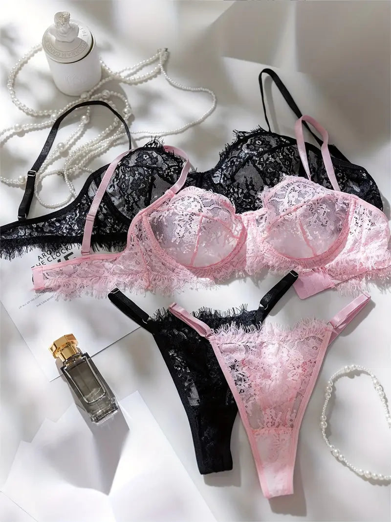 Sexy Lingerie Sets Black-Pink  Elegant Lace Trim