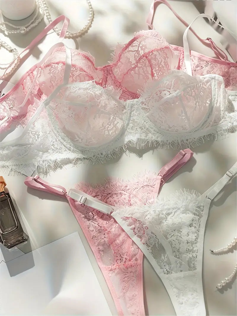 Sexy Lingerie Sets White-Pink  Elegant Lace Trim
