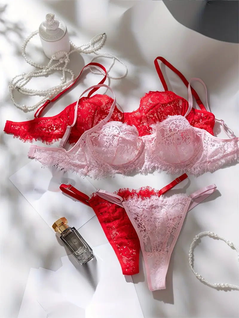 Sexy Lingerie Sets Red-Pink  Elegant Lace Trim