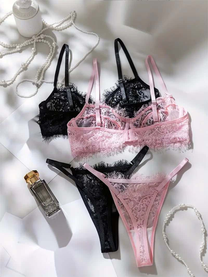Sexy Lingerie Sets Black-Pink  Elegant Lace Trim