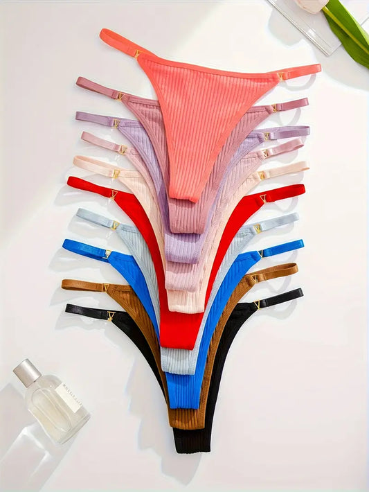 10-pcs Pack Comfortable and Soft  Elegant Solid Strings  Underwear Thong Multicolor