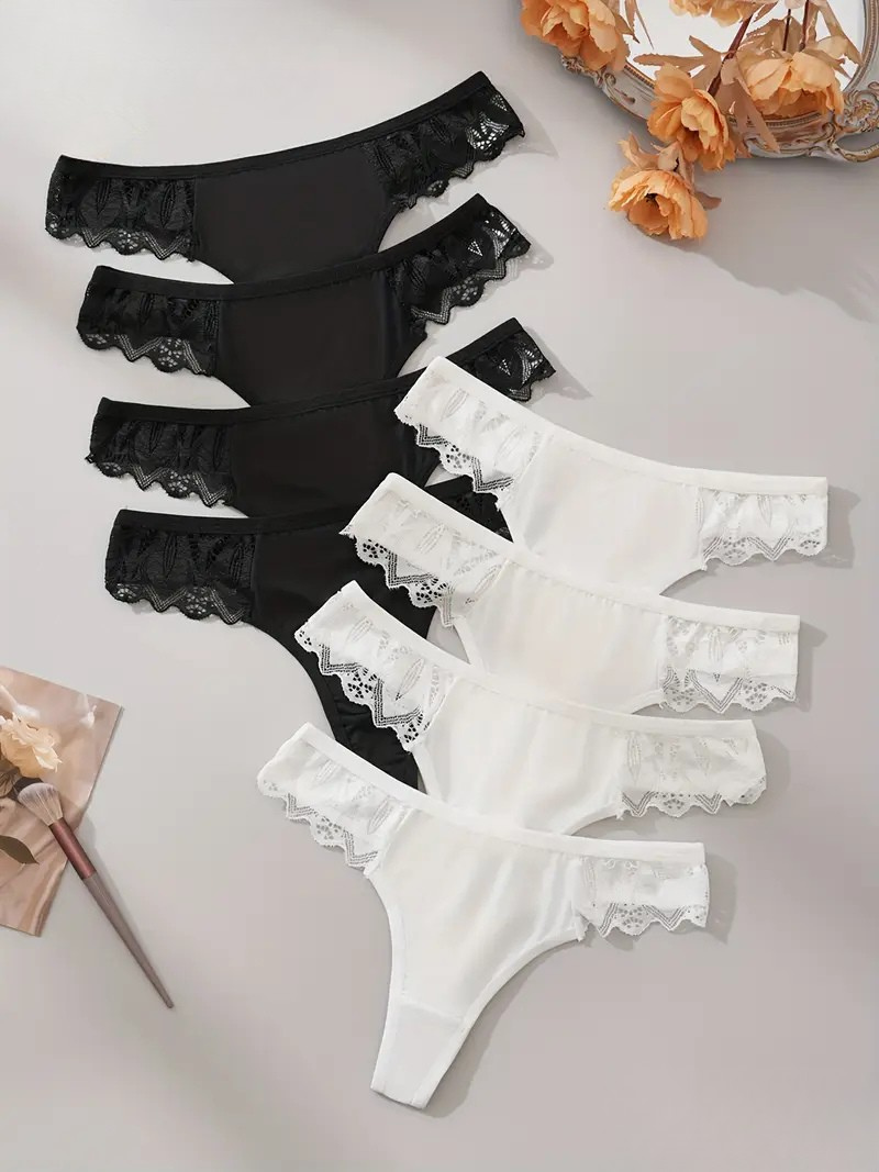 8-pcs  Pack Elegant Low-Rise Soft Satin  Lace Trim Thong Panties Black & White